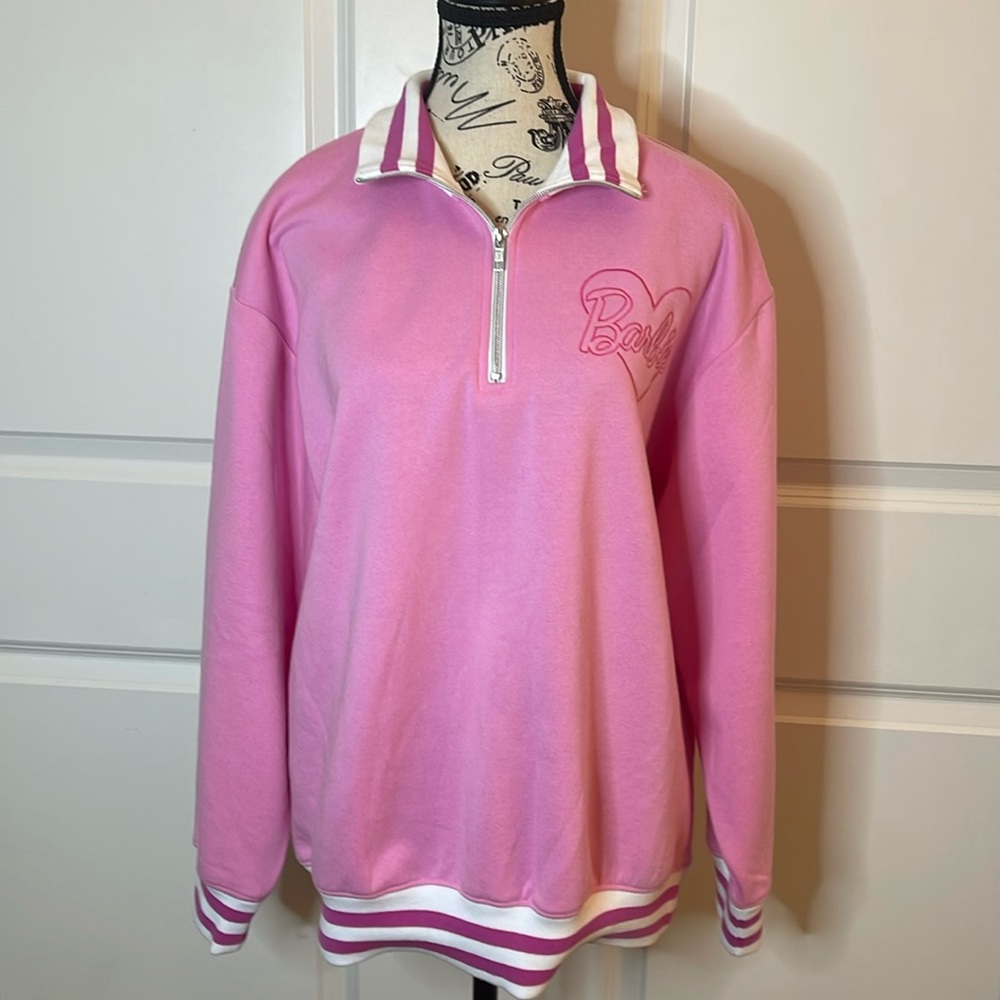 Barbie Pink‎ Quarter Zip Sweatshirt Womens Large Heart Logo Pullover NWT